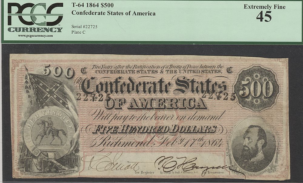 T-64, CR-489, PF-2, 1864 $500 Confederate States of America, SN22725, Ch.XF, PCGS-45